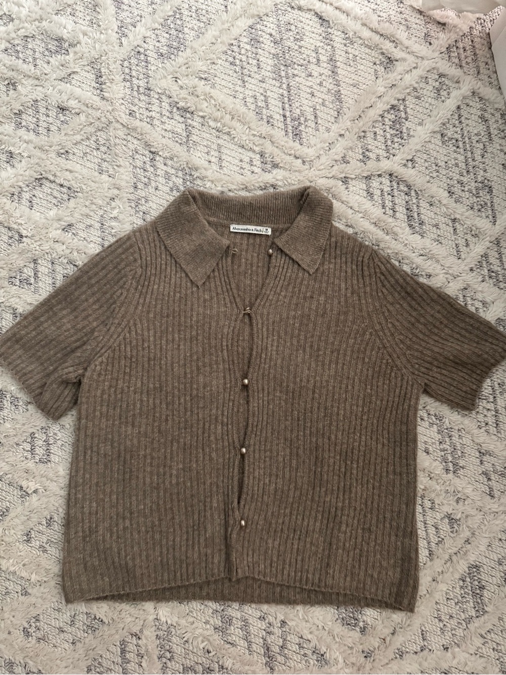 Abercrombie & Fitch Ribbed Short-Sleeve Cardigan in Light Brown - Picture 2 of 5